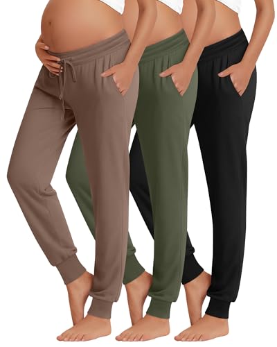 Sweetyweee 3 Pack Women's Lounge Maternity Pants, Casual Joggers Underbelly Pregnancy Sweatpants with Drawstring and Pockets(Black, Army Green, Coffee,Large)
