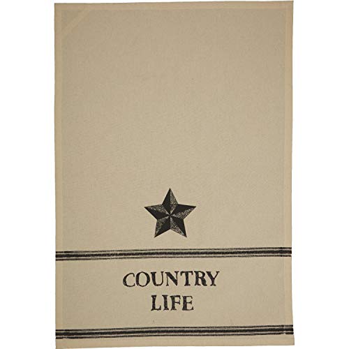 VHC Brands Farmhouse Star Country Life Blessings Text Muslin Cotton Primitive Thanksgiving Tabletop Fabric Loop Stenciled Kitchen Towel Set of 2 Antique Creme White