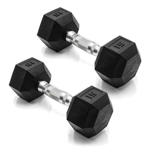 CAP 15 LB Rubber Coated Hex Dumbbell Weight, Rubber Free Weights for Home Gym Strength Training, Chrome Handle, Pair