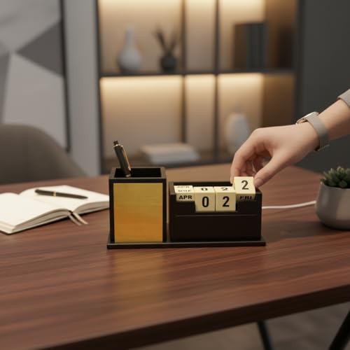 Image of Personalized Gold Pen Stand With Name, Table Watch, Calendar, Stationery & Wooden Desk Organizer - Custom Corporate Gift For Doctors, Office, Study, New Year Gift For Employees (Light Pen Stand)