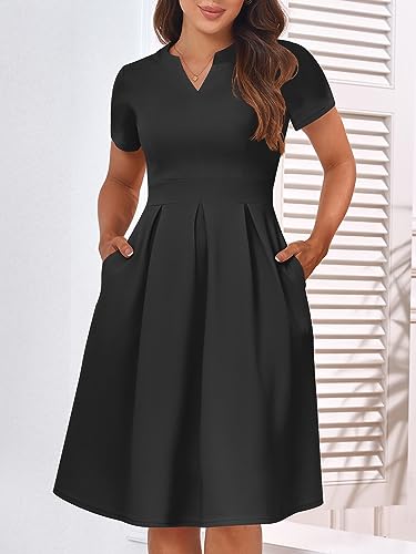Image of YATHON Womens Elegant Print Notched Neck Slant Pocket Pleated Hem Casual A-Line Dress