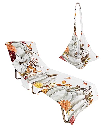 Farmhouse Fall Thanksgiving Beach Pool Patio Lounge Chaise Chair Cover Towel with Pockets,Absorbent&Quick Dry Towel Cover Bag Summer Travel Accessories for Sunbathing Harvest Pumpkin Maple Leaf