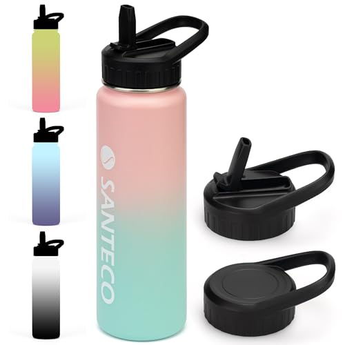 SANTECO Bouteille isotherme avec paille, en acier inoxydable, 710 ml, sans BPA, avec couvercles, dégradé de couleur, bouteille isotherme, passe au lave-vaisselle, pour les voyages, le camping, rose