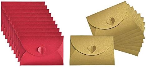 JOYISEN 50 PCS Kraft Paper Envelopes Mini Handmade Red and Gold Envelopes with Heart Clasp