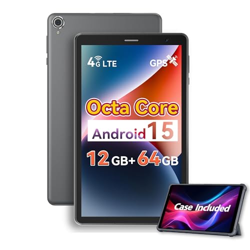 Topsand 8 Inch Android 15 Tablet with Sim Card Slot Uncloked Cellular Tablet Phone with 4G LTE Octa Core 12GB RAM 64GB ROM 2TB TF Expandable Tableta with Case