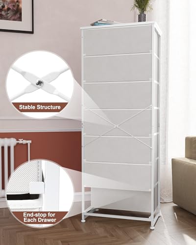 Crestlive Products Tall Dresser, 7-Drawer Fabric Storage Tower, Chests of Drawers - Vertical Organizer Unit for Bedroom, Hallway, Entryway, Nursery, Closets - Steel Frame, Wood Top & Handles (White)