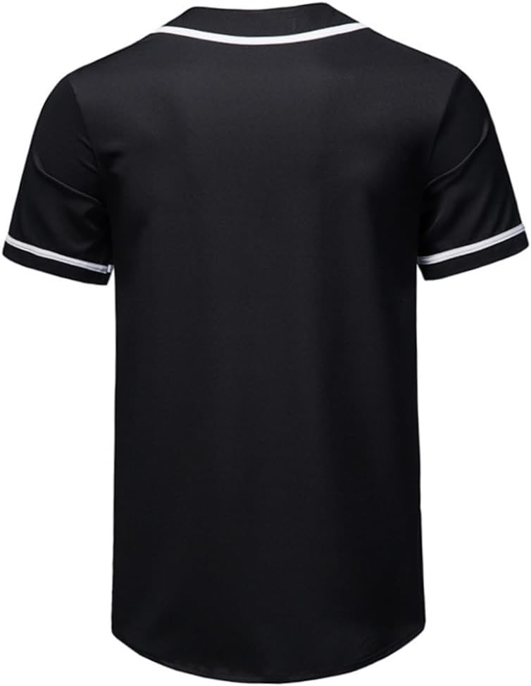 Men Baseball Jerseys Stripe Button Down Short Sleeves V-Neck Sports T-Shirt Uniforms Black 3XL..