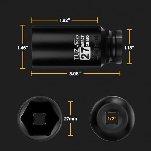 Image of 1 /2 Inch Drive 27mm Deep Metric Impact Socket,CR-MO,6 Point Radius Corner Design,Square Chamfered Opening,Axle Nut Impact Grade Socket for Easy Removal