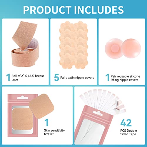 Boob Tape,Breast Lift Tape 3 Inch Wide,Waterproof & Sweatproof Body Tape For Breast Lift,1 Breast Lift Tape, 5 Pairs Satin Breast Petals, 1 Pair Silicone Nipple Stickers #TOP1
