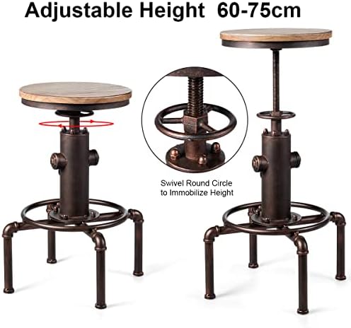 COSTWAY Set of 1/2 Vintage Industrial Bar Stool, Height Adjustable Swivel Kitchen Dining Stool with Footrest and Anti-slip Foot Pads, Round Pinewood Seat Breakfast Counter Stools for Home Pub (1)