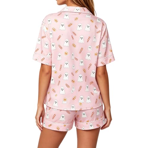 Image of Women Holiday Satin Pajamas Short Sleeve Shirts Shorts Set 2pc Loungewear