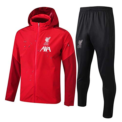 リバプール19-20ユニセックスフード付きウインドブレーカーフットボールトレーニングスーツ、長袖の防風ジャケットロングジッパースポーツウェア競争の均一トップ+ボトムセット