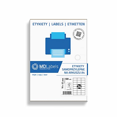 MDlabels Universal 24 Etiketten DIN A4 (70x37 mm, 2400 Etiketten auf 100 Blätter) Klebeetiketten - mattes Papier - bedruckbare - Weiß Cover