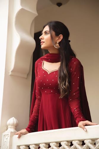 Image of Elegant Fox Georgette Gown with Sequence Work & Moti Lace Dupatta Party & Ethnic for Women