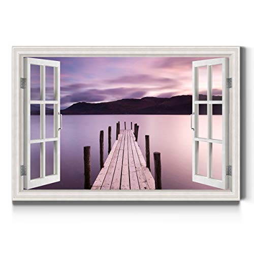 Renditions Gallery Nature Wall Art Scenic Window View of Purple Lake with Mountain Canvas Hanging Artwork Prints for Bedroom Dining Living Room Office Home Kitchen Wall Decorations - 8"X12" LT01