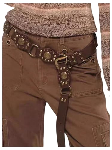 GORGLITTER Women's Ring Linked Studded Belts Western Cowgirl Waist Belts with Metal Buckle