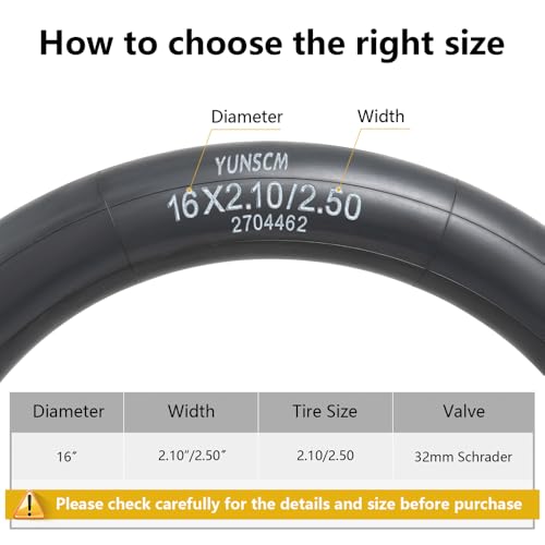 YUNSCM 2 PCS 16\" Heavy Duty Bike Tubes 16x2.10/2.50 AV32mm Schrader Valve 52/64-305 Bicycle Inner Tubes Compatible with 16 x 2.10 16 x 2.125 16 x 2.25 16 x 2.35 16 x 2.40 16 x 2.50 Kid Bike Tire Tubes