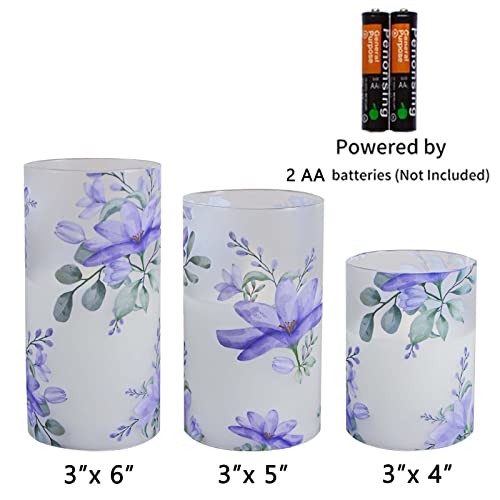 Mavandes Flameless Flickering Glass Candles With Remote And Timer,Purple Flowers Led Battery Operated Real Wax Set Of 3 Realistic Wick Electric Pillar Candles,Warm Fire(3 X 4, 5, 6 Inches) #TOP3