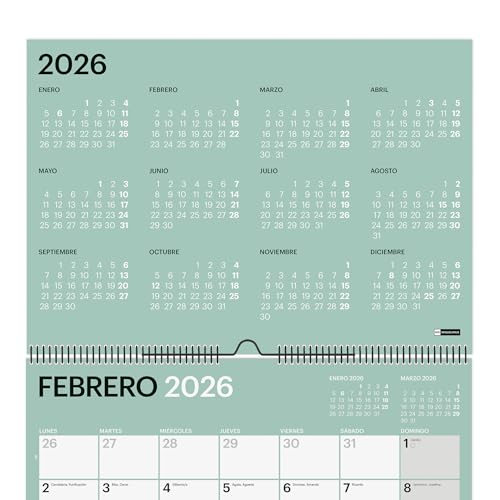 Miquelrius Wandkalender 2026, Chromat, Jahresplaner A4, 296 x 210 mm, Notizfeld, Doppelspiralbindung, 9 Innenfarben, Planer 12 Monate, Spanisch