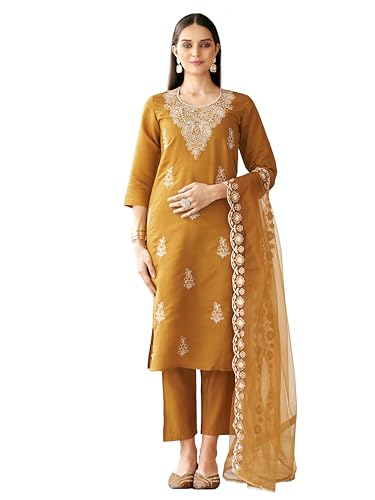 Womanista Women's Mustard Colour White Cording Embroidered Kurta And Pants With Dupatta (Kurtaset_1310_Xxl)