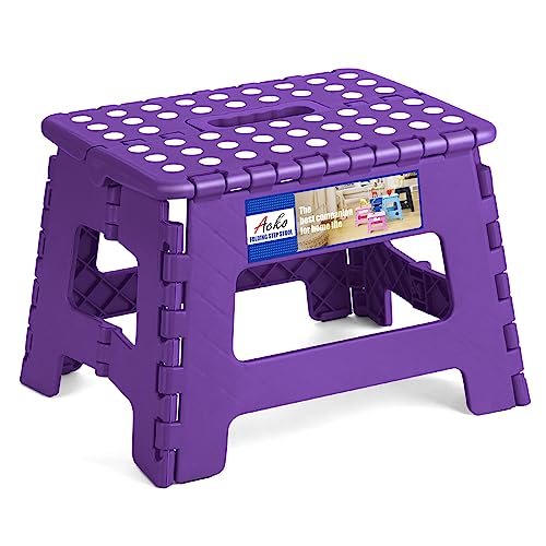 Image of ACKO Folding Step Stool 9 Inch 300 lb Capacity, Plastic Foldable Step Stools for Kids and Adults, Folding Stools Suitable for Kitchen, Stepping Stool with Handle Purple 1PC
