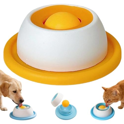 Cuenco para lamer Perros, Lick Bowl para Perros Antideslizante con Bola Giratoria, Juguete Interactivo de Alimentación Lenta Que Reduce la Ansiedad y el Aburrimiento (Amarillo)