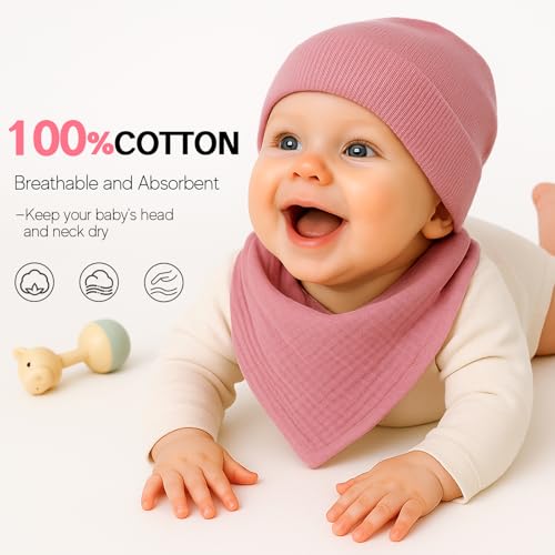 Sofier Baby Hats and Bibs Baby Beanies for Unisex Newborn Infant 0-6 Months Boys Girls Gift Set(US, Age, 0 Months, 6 Months, Pink) — view 3