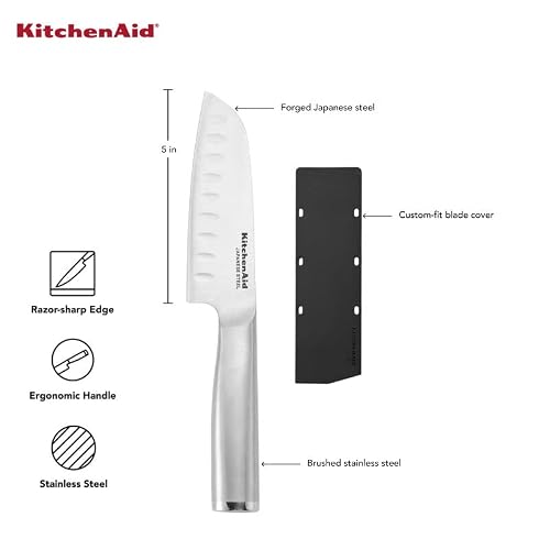 Kitchenaid Gourmet Forged Triple Rivet Serrated Utility Knife With Custom Fit Blade Cover, 5.5 Inch, Sharp Kitchen Knife, High Carbon Japanese Stainless Steel Blade, Stainless Steel #TOP4