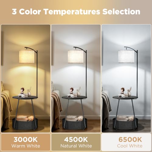 Image of LUTEC Floor Lamp with Table, Night Stand with Lamp, Round SideTable with Fabric Basket, 3 Color Temperatures 9W LED Bulb, Modern End Table for Bedroom, Living Room, Black