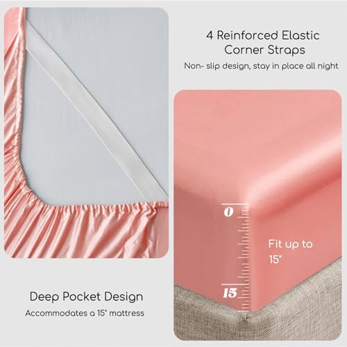 Image of MR&HM Satin Bed Sheets, Queen Size Sheets Set, 4 Pcs Silky Bedding Set with 15 Inches Deep Pocket for Mattress (Queen, Blush)