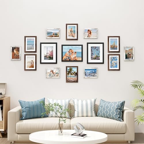 Image of Vittanly 15 Pack Picture Frames Collage Wall Decor for Mounting or Tabletop, Gallery Frame Set for Family, Multi Sizes Including 3pcs 8x10, 6pcs 5x7, 6pcs 4x6, Black, Brown and Distressed White