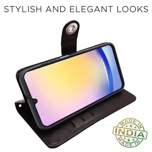Image of Pikkme Samsung Galaxy A25 5G Flip Cover Leather Finish | Inside TPU with Card Pockets | Wallet Stand and Shock Proof | Magnetic Closing | Complete Protection Button Flip Case (Coffee)