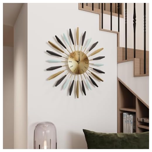 Mid Century Modern Wall Clock, 22 Inch Large Metal Wall Clock for Living Room Decor, Colorful Sunburst Starburst Decorative Clocks Silent Battery Operated for Kitchen Bedroom Office