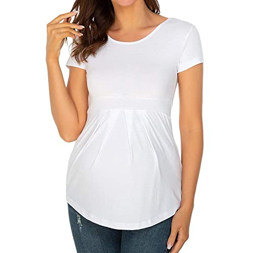 UnoSheng Blusa de bombeo para lactancia, estampado floral, doble capa, suave, manga corta, ropa de embarazo, camisa ajustada, blanco, L