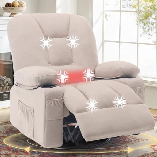 REFICCER Rocker Recliner Chair with Massage and Heat, Oversized Rocking Nursery Recliners Overstuffed Swivel Glider with Cup Holder, Fabric Manual Single Sofa for Living Room, Beige