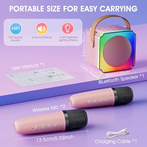 Lavliy Karaoke Machines Kids Toys Age 3-12 Year Old Girl Gifts for 3-12 Year Olds Girls Toys Age 3-12, Mini Karaoke Machine 2 Microphones for Kids Microphone Gifts for Girls Birthday Presents (Pink) - Image 4