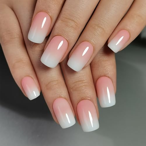 Image of Curvlife Press on Nails Acrylic Fake Nails with Ivory Gradient White Design Full Cover False Nails for Women Reusable Nail Kit with Nail Glue Adhesive Tabs