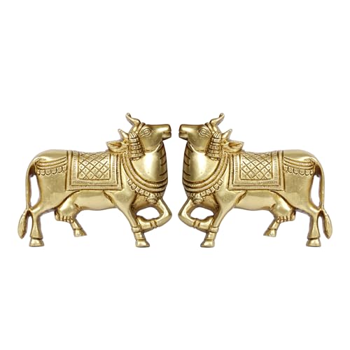 Image of Brass Cow Wall Hanging Vastu Gau MATA Idol, Kamdhenu Cow Pair Nandi (Gold Color 5x4 Inch)