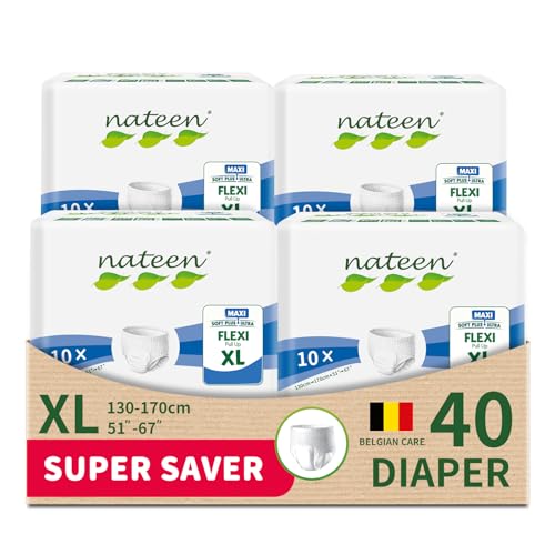 Nateen Flexi Maxi Adult Diapers Pants,Incontinence Night Time Pull Up,Extra Large,Waist Size 130-170cm,40 Count Adult Pull Ups,Superior Comfort,Excellent Combination of Protection. (40 Count)