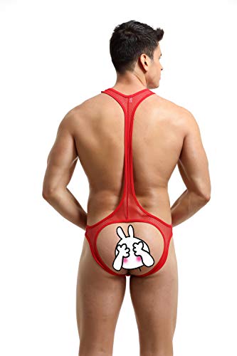 Swbreety Men\'s One-Piece Mesh Bodysuit Jockstrap Wrestling Singlet Underwear Red
