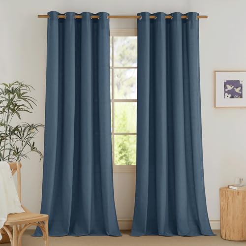 NICETOWN Navy Blue Linen Curtains for Kitchen, Thick Flax Small Window Treatments Semi Sheer Privacy Assured with Light Through for Cafe/Bathroom, W55