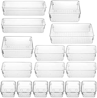 16 Packs Desk Drawer Organiser Trays, 5-Size Make-up Organiser, Clear Dividers Storage Bins, Versatile Vanity Trays, Drawer Inserts Organiser,Plastic Storage Boxes for Kitchen Bedroom Office Bathroom