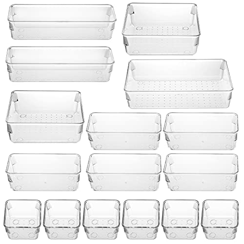Drawer Organizer, 16 Packs Desk Drawer Organiser Trays, Non-slip Clear Drawer Dividers Storage Bins, Plastic Trays Organizers for Dresser Makeup Bedroom Kitchen Bathroom, 5-Size(Transparent)