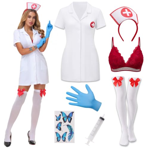Kovelyn Women Halloween Nurse Costume 9 Piece Set White Nurse Dress Cosplay