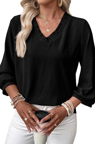 SHEWIN Women Tops Tunic 3/4 Length Sleeve Shirts Solid Smocked V Neck Dressy Blouses Business Work Quarter Sleeve Clothing Spring Fall Casual 2026 Clothes Size 2XL, Black