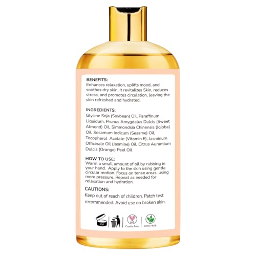 Image of AROMATICO Jasmine Orange Massage Oil. Soothing Aromatherapy Body Oil with Sweet Citrus & Floral Notes. Relaxing, Spa-Quality Formula for Stress Relief & Skin Hydration - 300ml