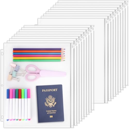 Antner 18 Pack Clear Letter Size Binder Pockets 3 Ring Binder Zipper Pouch Document Organizer, Waterproof PVC 3-Hole Loose Leaf File Bags Insert Sleeves Page Sheet Protectors Business Office Supplies