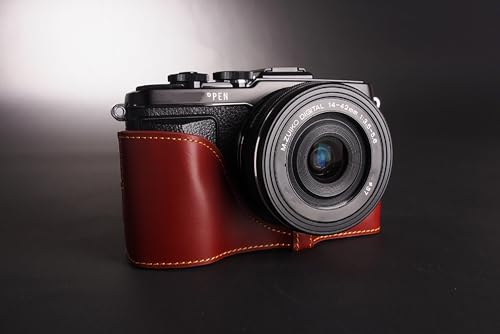 Sac photo Olympus EPL7 en cuir véritable fait main et sa housse de protection marron