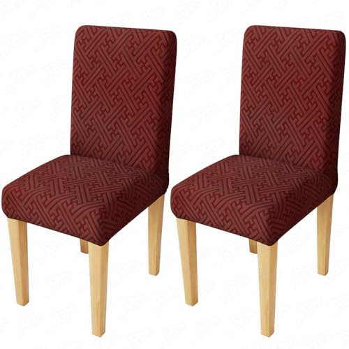 Image of Lukzer Elastic Dining Chair Cover - 2PC Pastel Deep Maroon Grid Maze | Textured High Stretch Jacquard Seat Cover | Removable Washable Short Dining Chair Cover Protector Seat Slipcover | (CC-109-2)