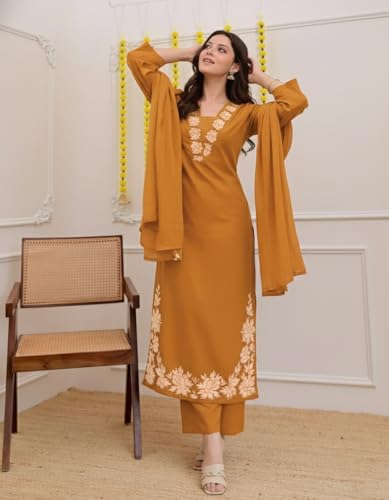Image of ANNI Designer Pure Cotton Embroidered Kurta Set for Women | Rust Orange Kurta with Pants & Dupatta | Floral Neck & Hem Embroidery | Cotton Kurta Set for Women | 10 Colour Options Available